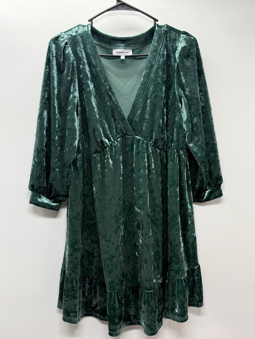 Motherhood Maternity Green Velvet Babydoll Dress Empire Waist Soft Stretch Sz M